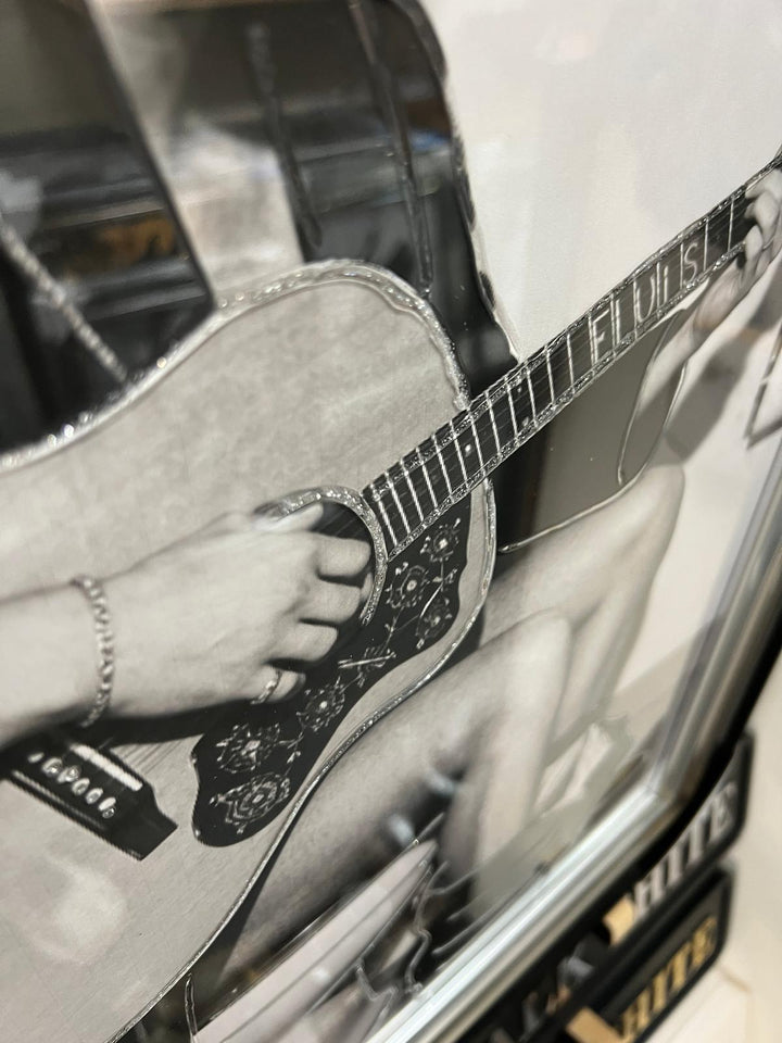 Elvis presley picture sitting on the toilet playing guitar black and white wall art with liquid art resin two tone frame