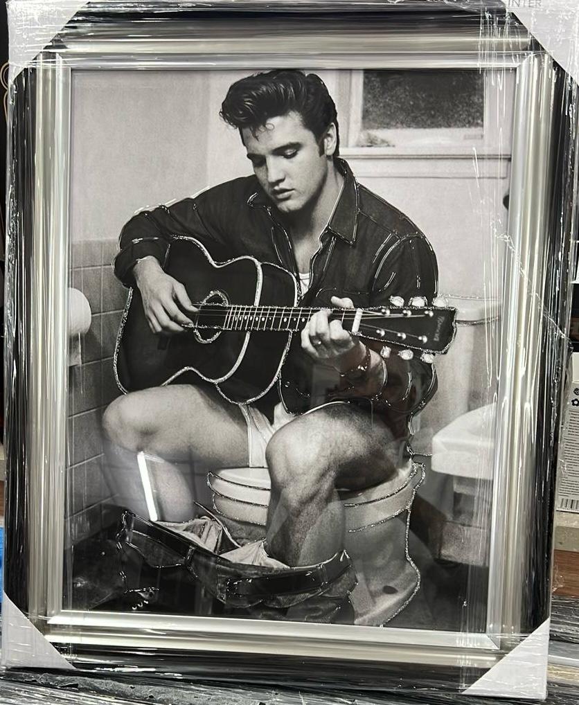 elvis presley picture sitting on the toilet playing guitar black and white wall art with liquid art resin two tone frame