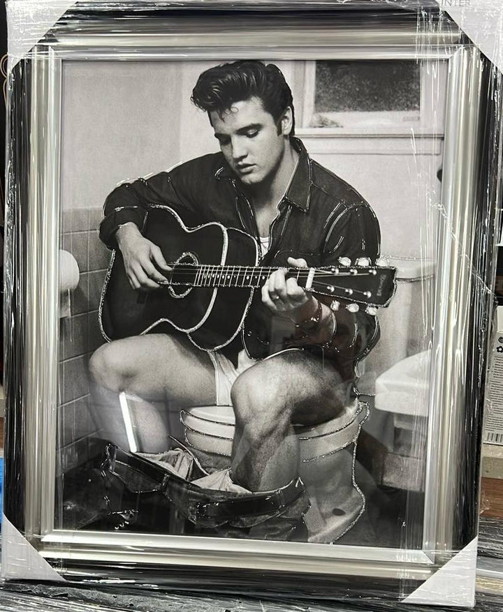 elvis presley picture sitting on the toilet playing guitar black and white wall art with liquid art resin two tone frame