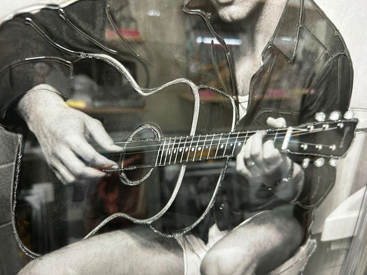 elvis presley picture sitting on the toilet playing guitar black and white wall art with liquid art resin two tone frame