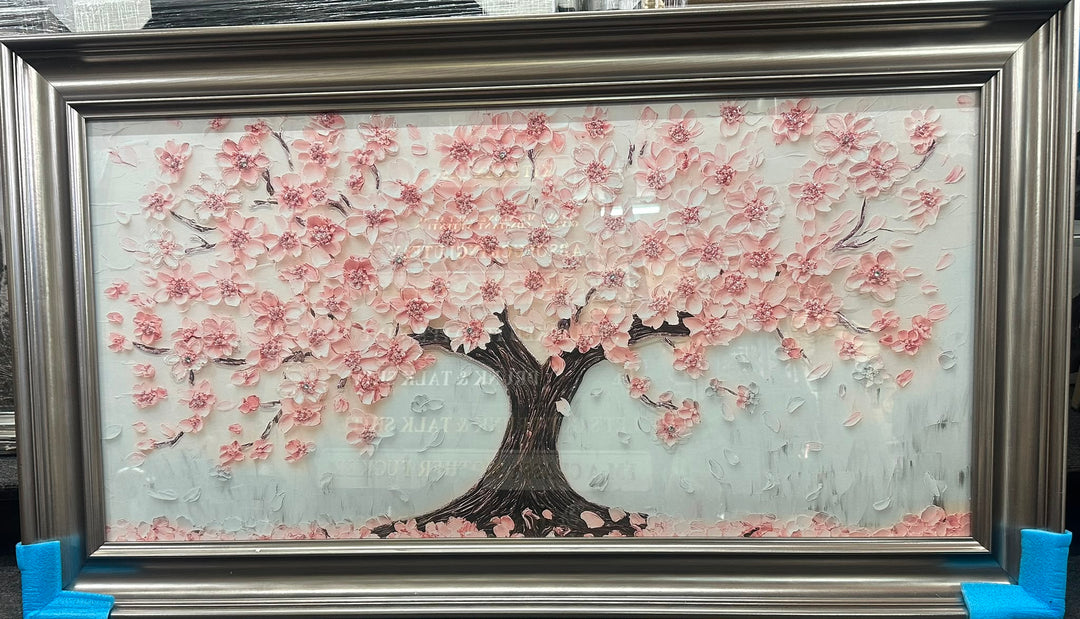 Pink Blossom Tree Liquid Art Wall Picture with Resin Crystals & Graphite Frame – Luxury Floral Wall Decor
