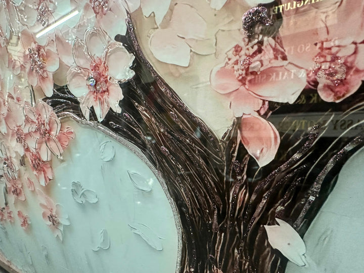 Pink Blossom Tree Liquid Art Wall Picture with Resin Crystals & Graphite Frame – Luxury Floral Wall Decor