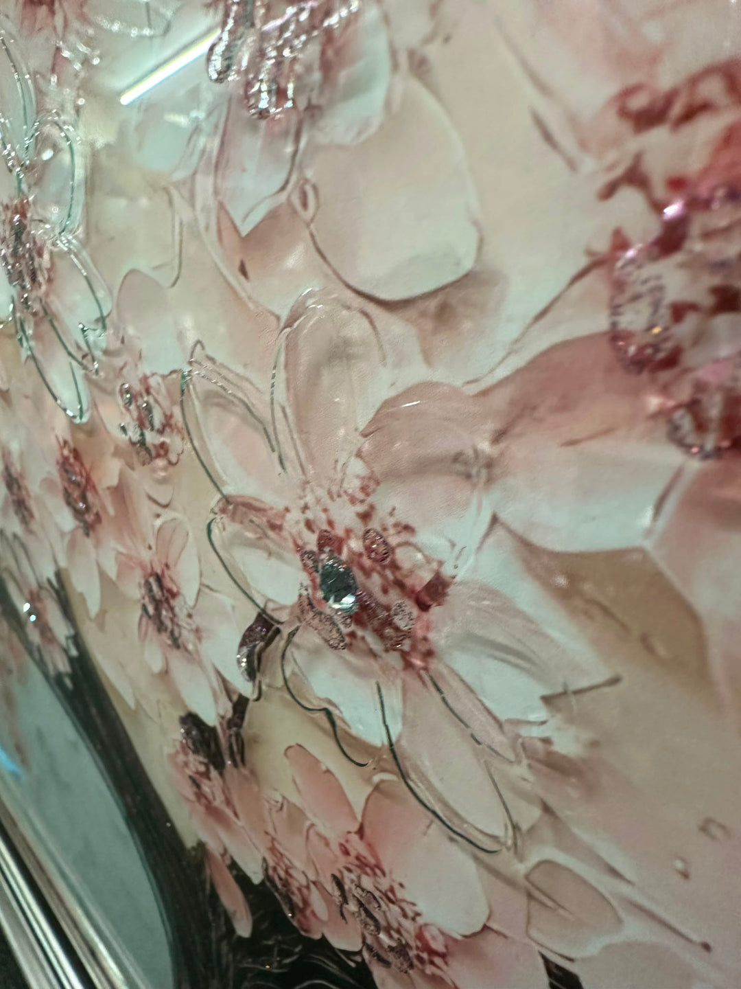 Pink Blossom Tree Liquid Art Wall Picture with Resin Crystals & Graphite Frame – Luxury Floral Wall Decor