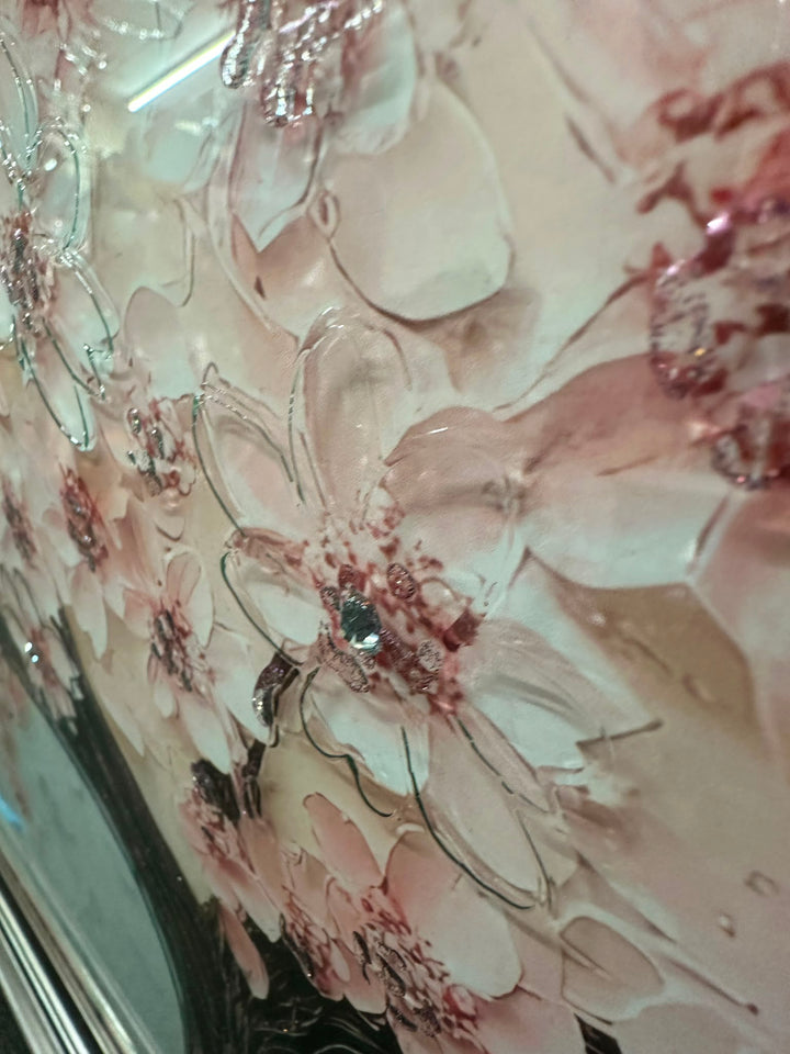 Pink Blossom Tree Liquid Art Wall Picture with Resin Crystals & Graphite Frame – Luxury Floral Wall Decor