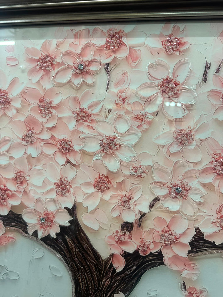 Pink Blossom Tree Liquid Art Wall Picture with Resin Crystals & Graphite Frame – Luxury Floral Wall Decor