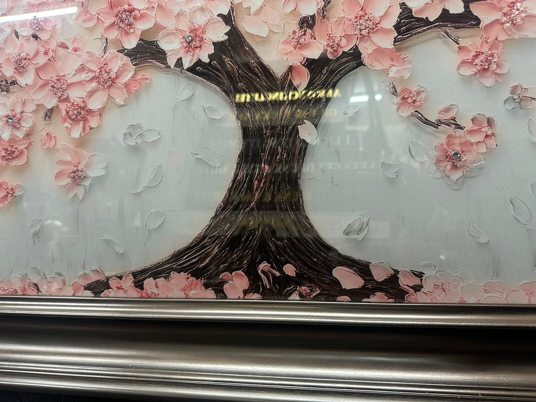 Pink Blossom Tree Liquid Art Wall Picture with Resin Crystals & Graphite Frame – Luxury Floral Wall Decor