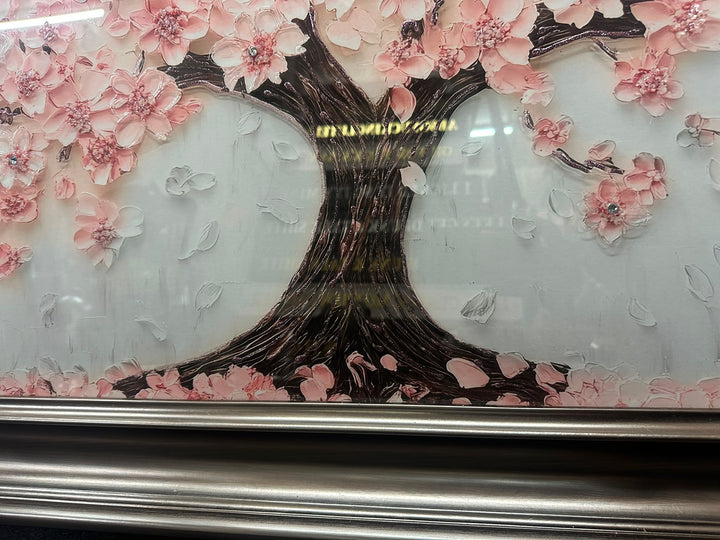 Pink Blossom Tree Liquid Art Wall Picture with Resin Crystals & Graphite Frame – Luxury Floral Wall Decor