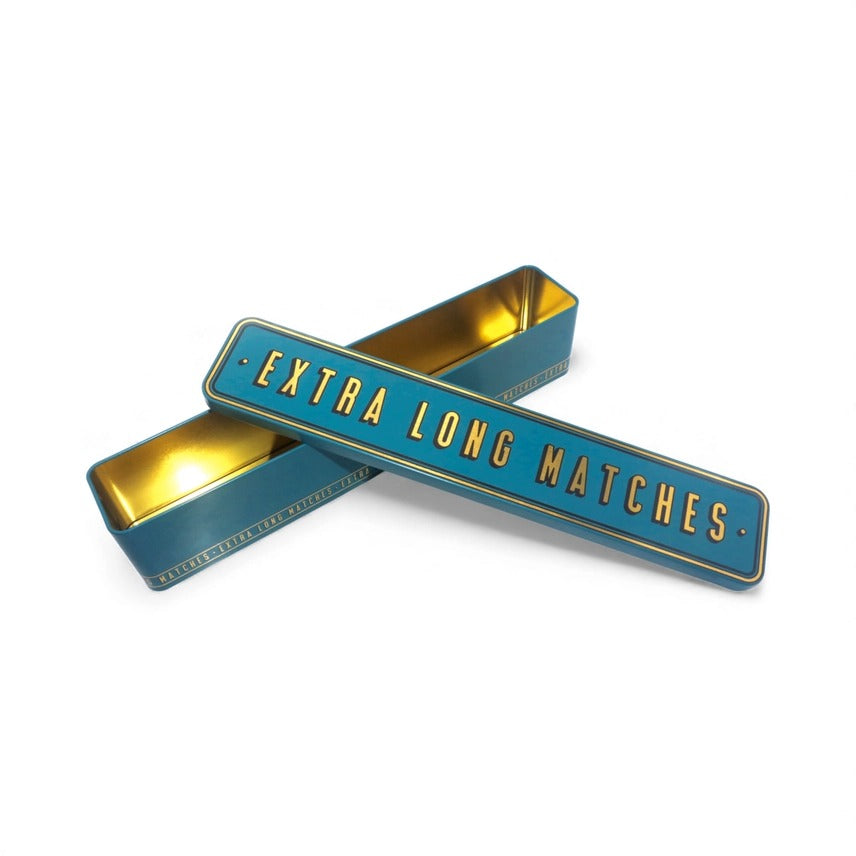 Extra Long Storage Tin with Built-In Striker | Teal, Navy & White Gold Decorative Metal Box