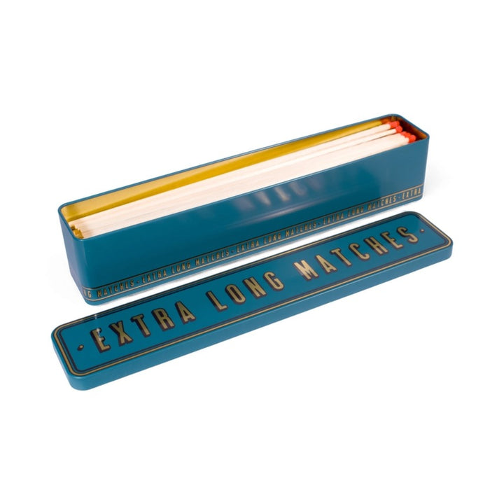 Extra Long Storage Tin with Built-In Striker | Teal, Navy & White Gold Decorative Metal Box