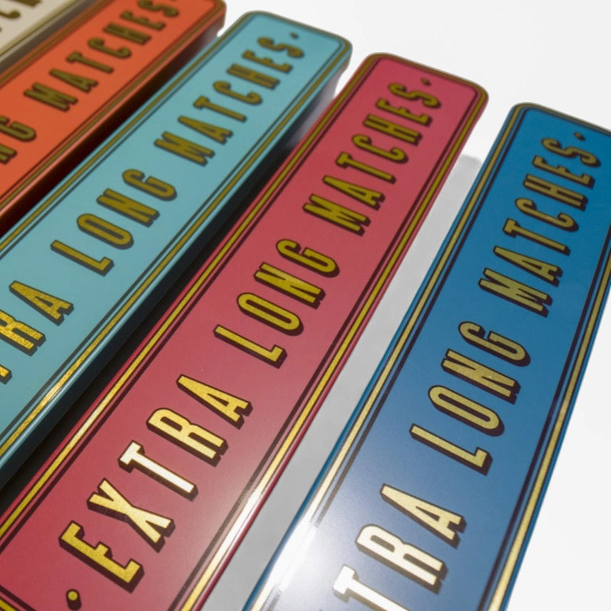 Extra Long Storage Tin with Built-In Striker | Teal, Navy & White Gold Decorative Metal Box