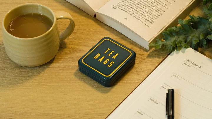 Pocket Tea Bag Storage Tin | Portable Hinged Tea Bag Case in Teal, Burgundy, Navy, Olive Green & Burnt Orange