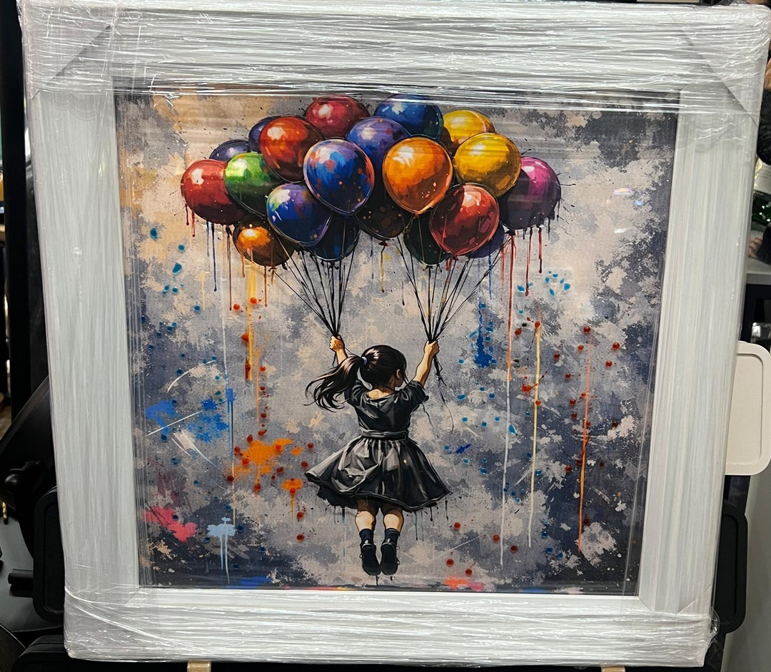 Banksy Girl & Boy with Balloons Wall Art | White Framed Street Art Prints – 39cm & 49cm