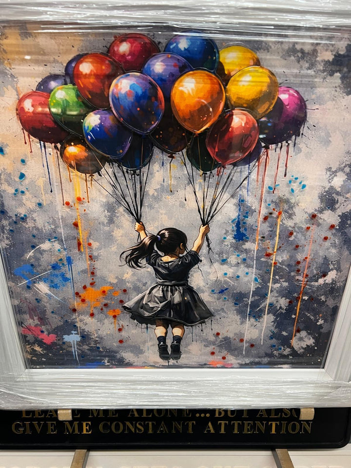Banksy Girl & Boy with Balloons Wall Art | White Framed Street Art Prints – 39cm & 49cm