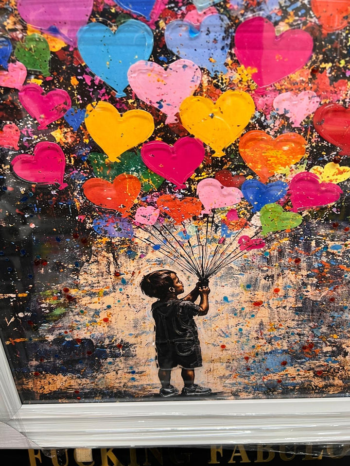 Banksy Girl & Boy with Balloons Wall Art | White Framed Street Art Prints – 39cm & 49cm