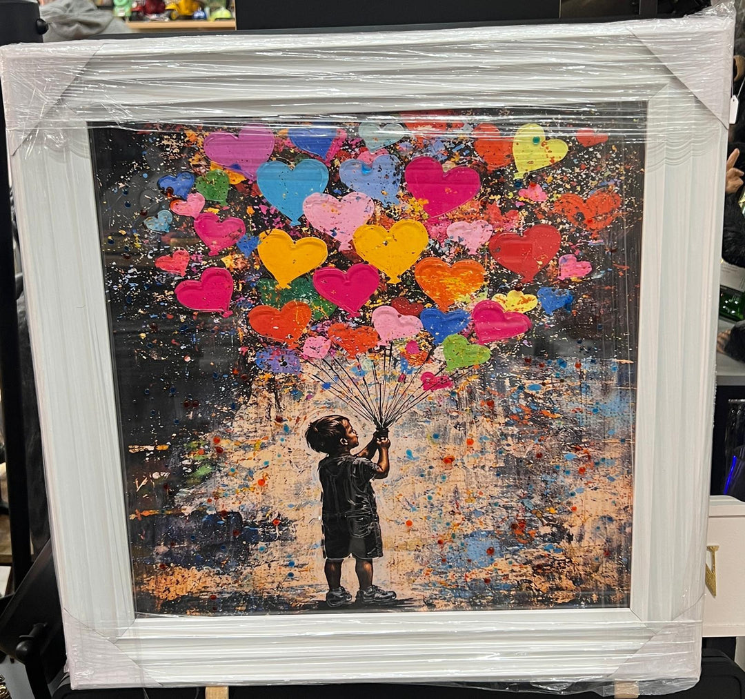Banksy Girl & Boy with Balloons Wall Art | White Framed Street Art Prints – 39cm & 49cm