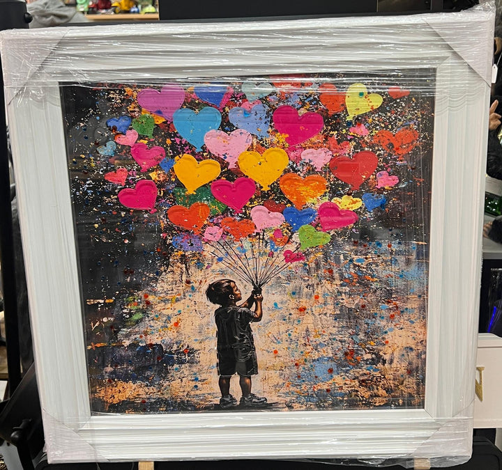 Banksy Girl & Boy with Balloons Wall Art | White Framed Street Art Prints – 39cm & 49cm