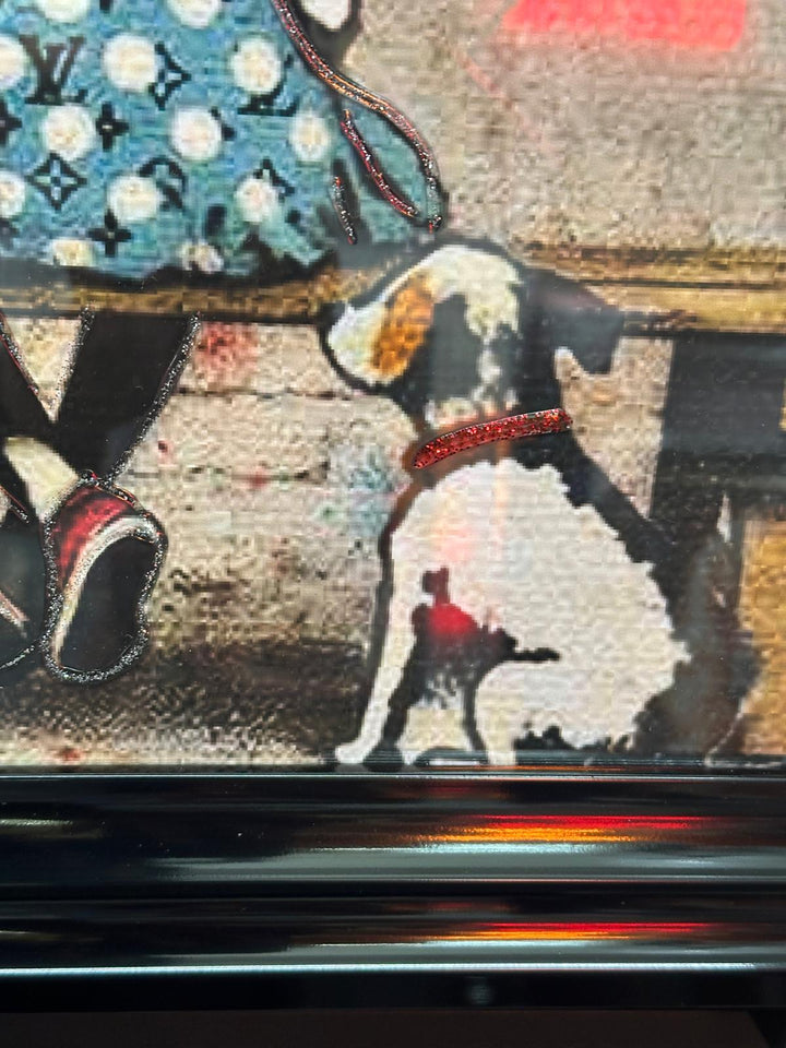 Boy, Girl & Dog Banksy Wall Art with Liquid Resin | Black Framed Street Art Picture
