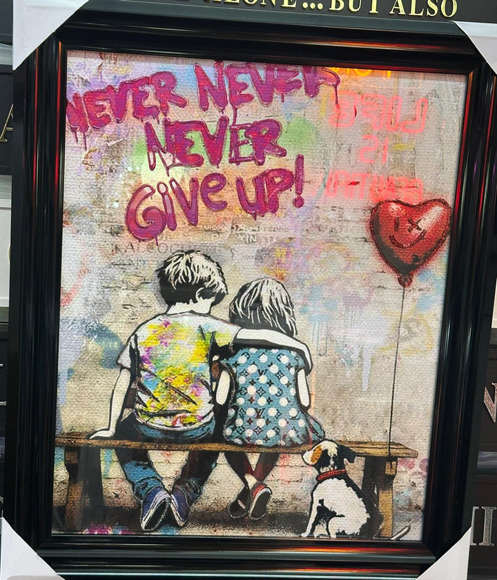 Boy, Girl & Dog Banksy Wall Art with Liquid Resin | Black Framed Street Art Picture