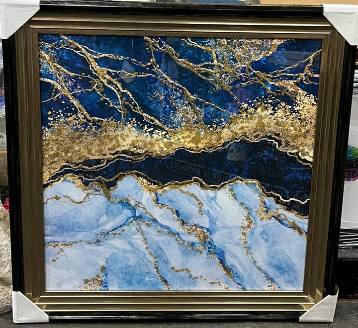Blue & Gold Abstract Liquid Resin Wall Art – Black & Gold Step Frame | Liquid art resin