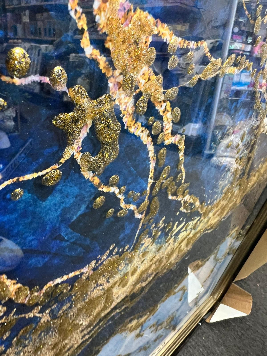Blue & Gold Abstract Liquid Resin Wall Art – Black & Gold Step Frame | Liquid art resin