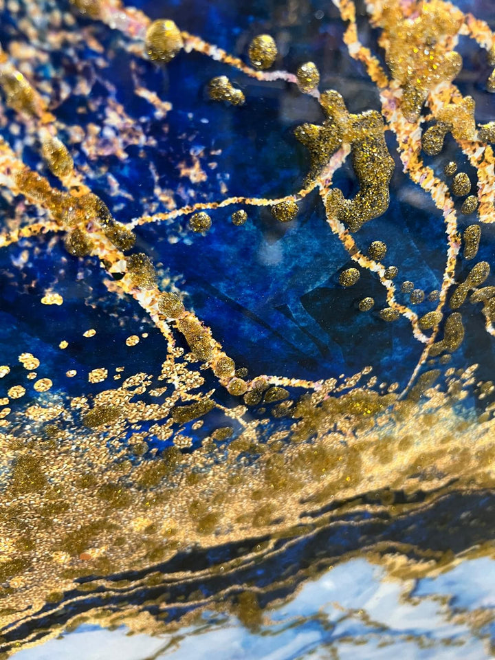 Blue & Gold Abstract Liquid Resin Wall Art – Black & Gold Step Frame | Liquid art resin