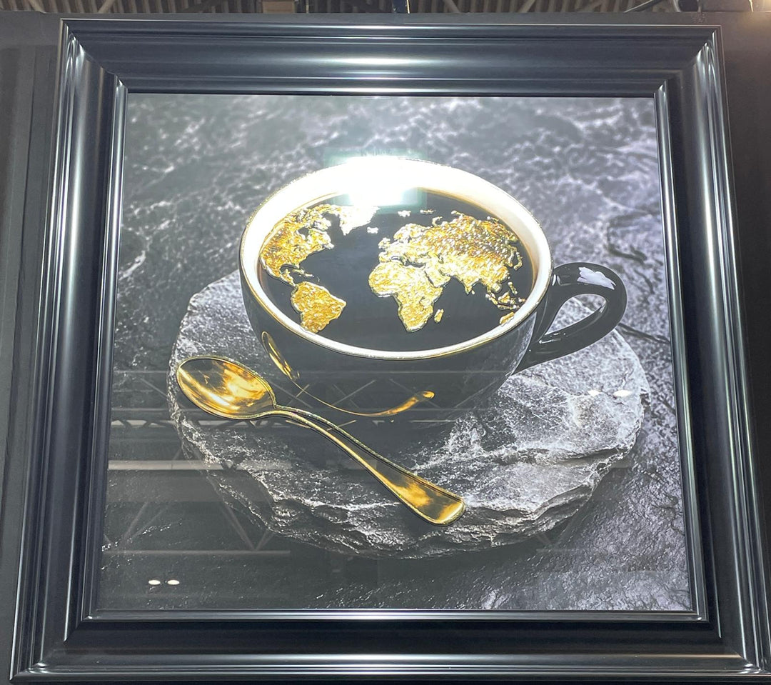 Black Coffee Cup World Map Wall Art – Gold or Silver Liquid Art Resin Framed Picture