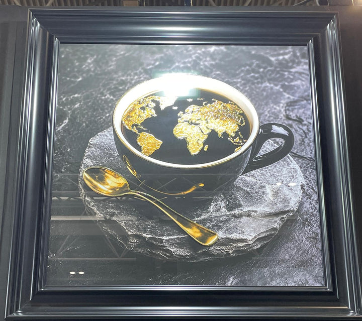 Black Coffee Cup World Map Wall Art – Gold or Silver Liquid Art Resin Framed Picture