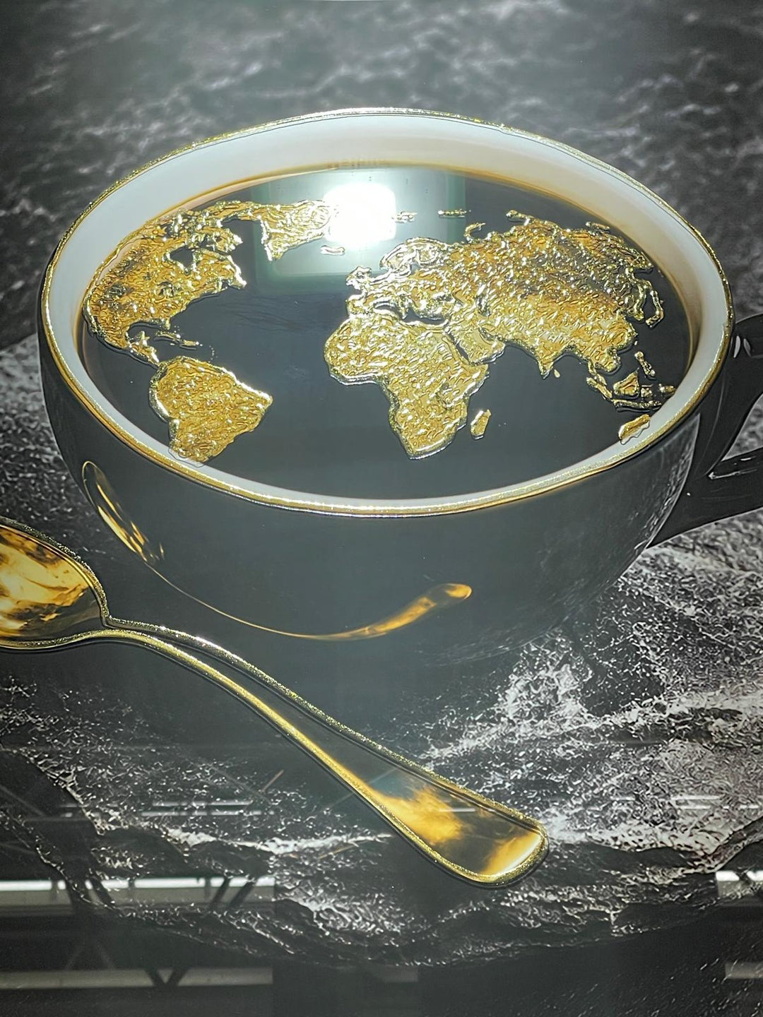 Black Coffee Cup World Map Wall Art – Gold or Silver Liquid Art Resin Framed Picture
