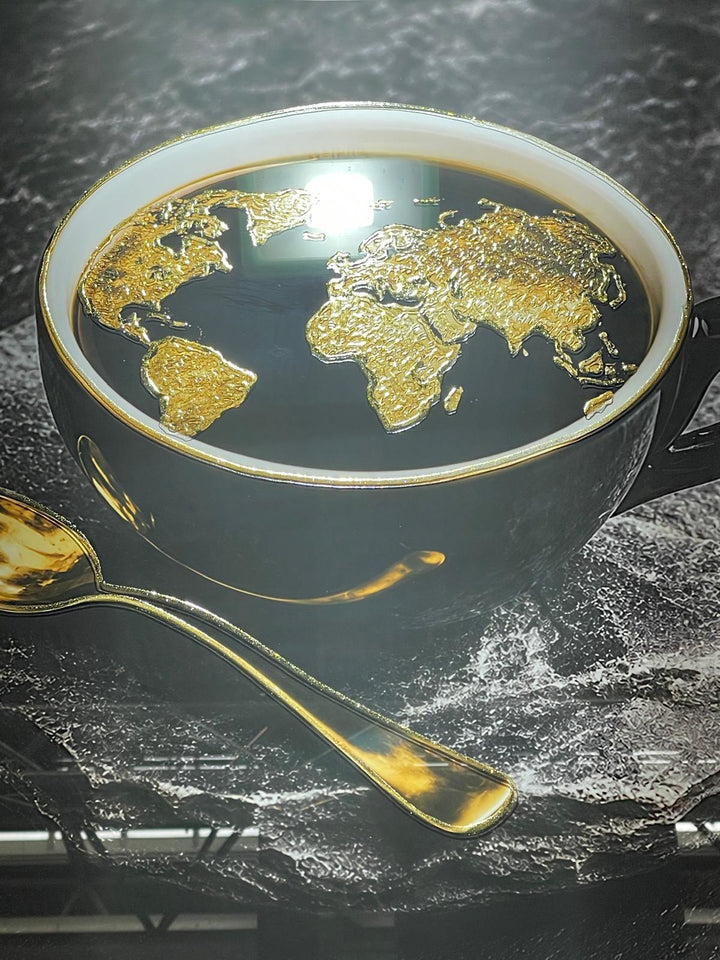 Black Coffee Cup World Map Wall Art – Gold or Silver Liquid Art Resin Framed Picture