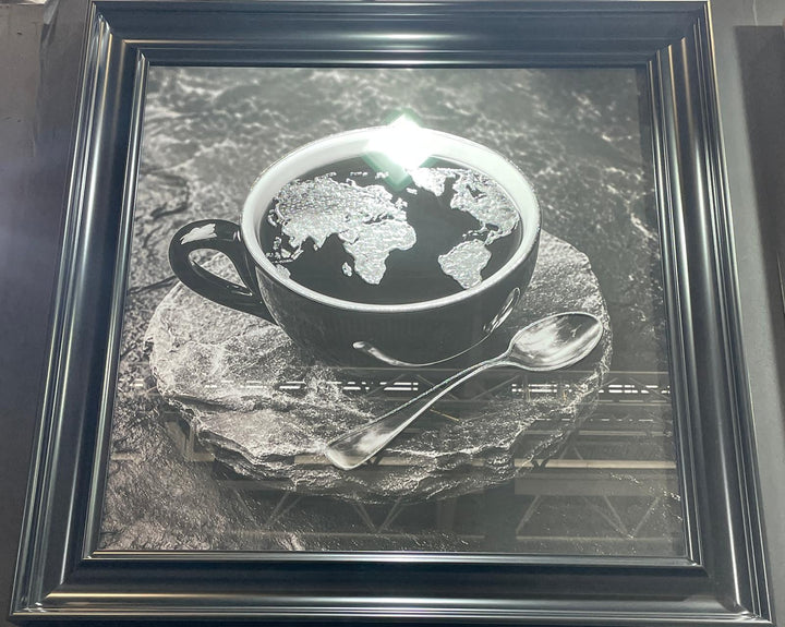 Black Coffee Cup World Map Wall Art – Gold or Silver Liquid Art Resin Framed Picture
