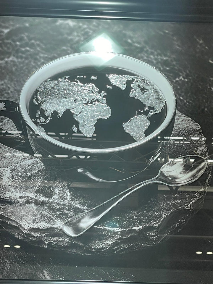 Black Coffee Cup World Map Wall Art – Gold or Silver Liquid Art Resin Framed Picture