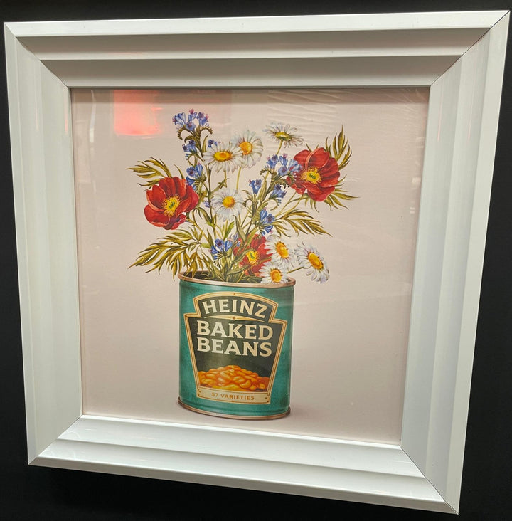 Heinz Bean Can Flower Vase Wall Art – White Framed Floral Picture & Unique Home Décor