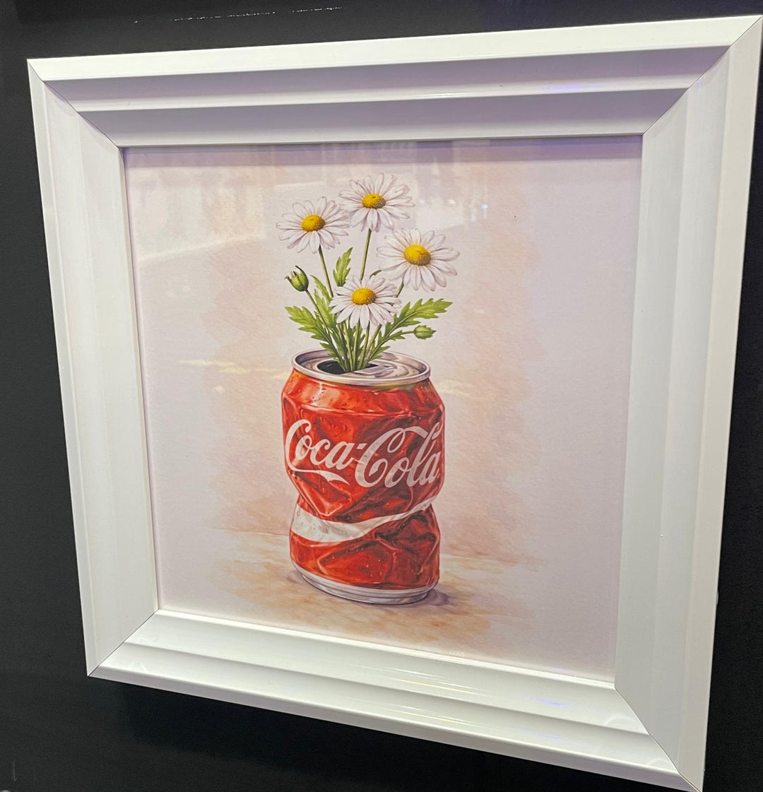 Cola Can Flower Vase Wall Art – White Framed Floral Picture & Unique Modern Home Décor