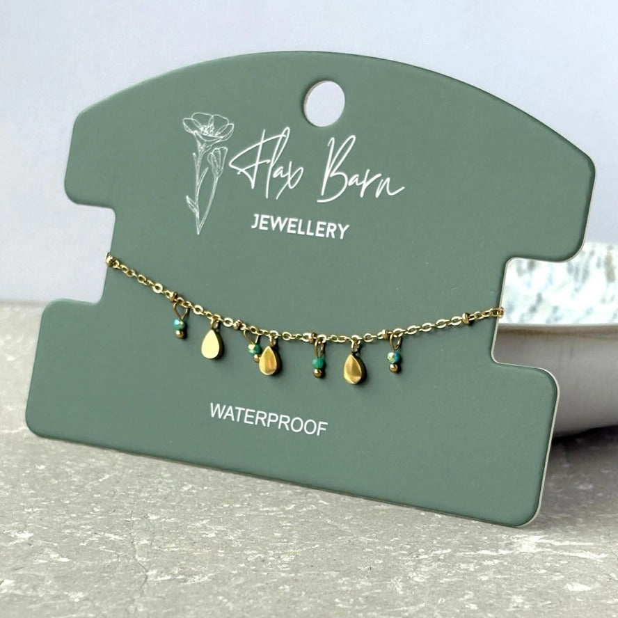 Tarnish Resistant Teardrop & Green Bead Bracelet – Waterproof Hypoallergenic PVD Gold Plated Jewellery