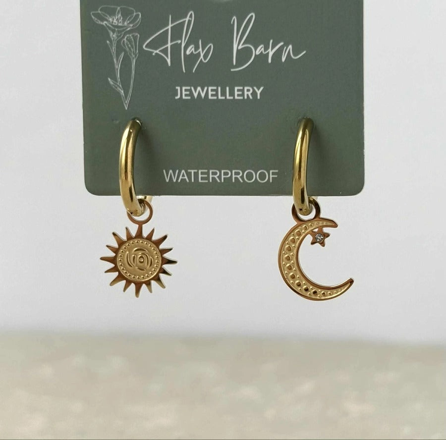 Tarnish Resistant Sun & Moon Huggie Earrings – Waterproof Hypoallergenic PVD Gold Plated Jewellery