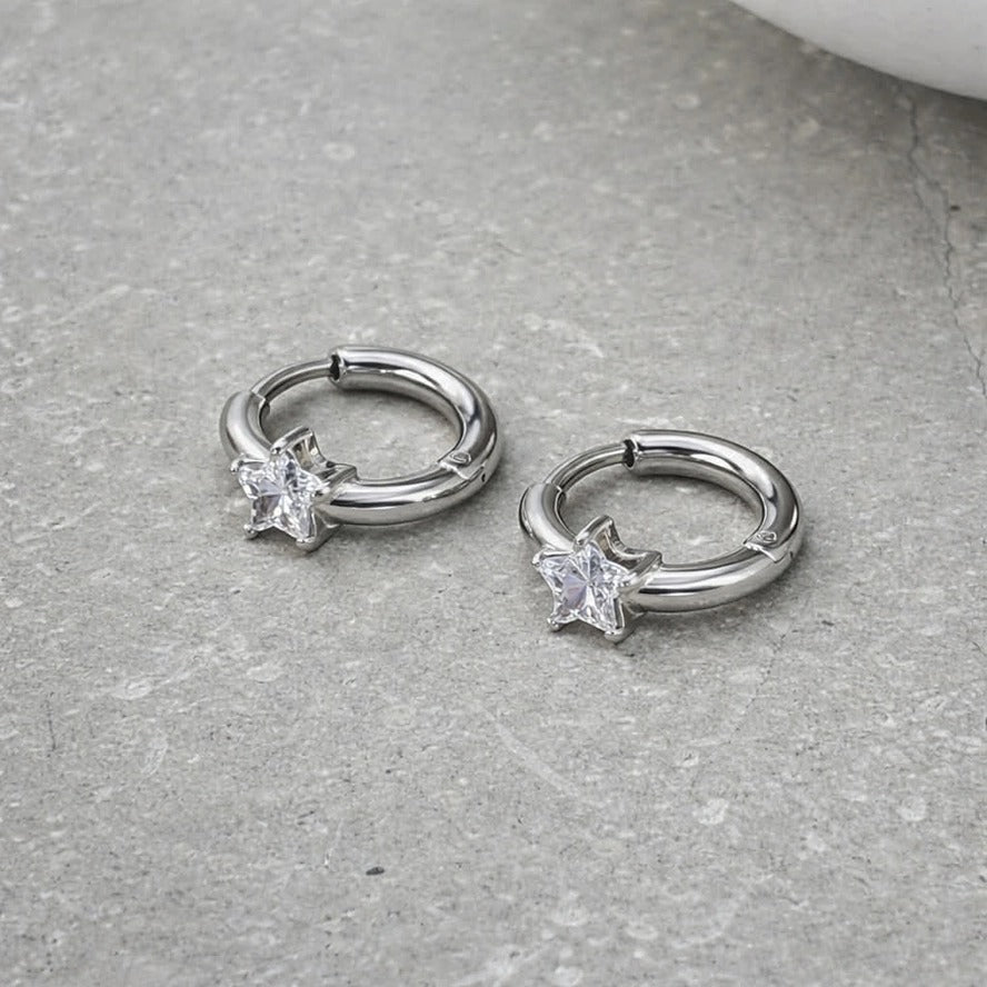 Tarnish Resistant Zirconia Star Huggie Earrings – Waterproof Hypoallergenic PVD Gold Plated Jewellery
