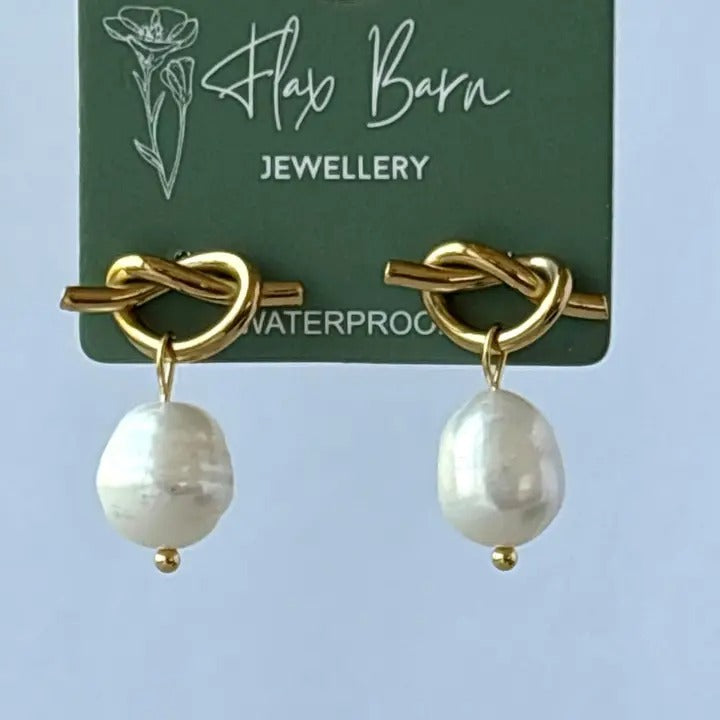 Tarnish Resistant Pearl Knot Stud Earrings – Waterproof Hypoallergenic PVD Plated Stainless Steel Jewellery