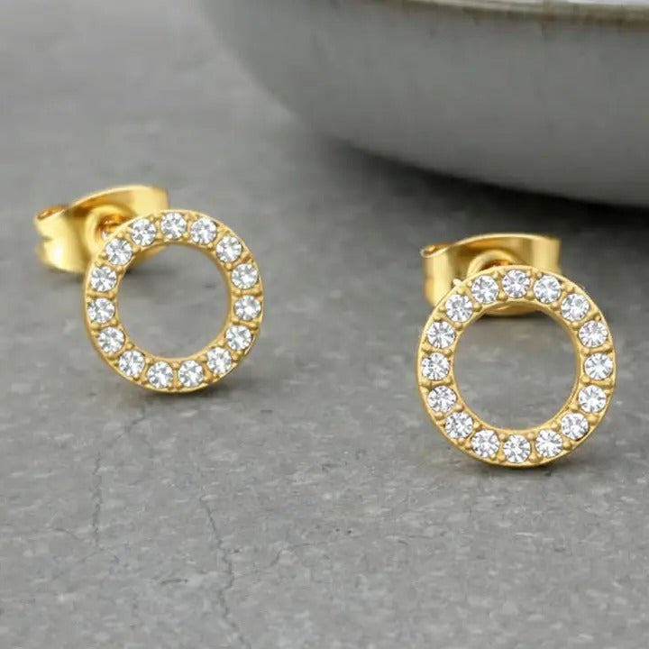 Tarnish Resistant Zirconia Circle Stud Earrings – Waterproof Hypoallergenic PVD Plated Stainless Steel
