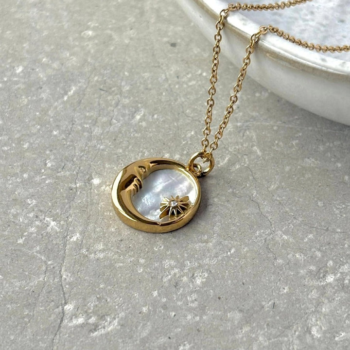 Tarnish Resistant Moon & Star Pearlescent Necklace – Waterproof Hypoallergenic PVD Gold Plated Jewellery