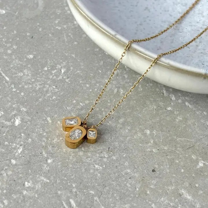 Tarnish Resistant Triple Zirconia Cluster Necklace – Waterproof Hypoallergenic PVD Plated Jewellery