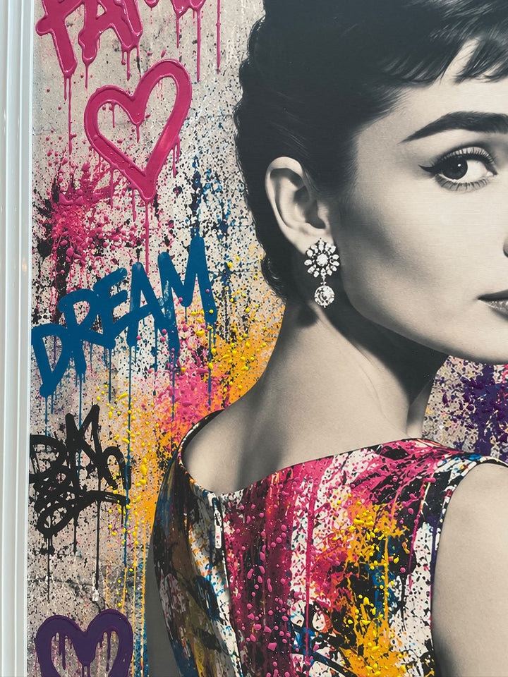 Audrey Hepburn Wall Art – White Frame & Multi-Colour Liquid Art Resin Picture