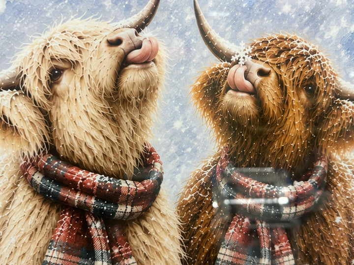 Two Highland Cows Tartan Scarf Christmas Picture – Gold Frame Highland Cow Wall Art