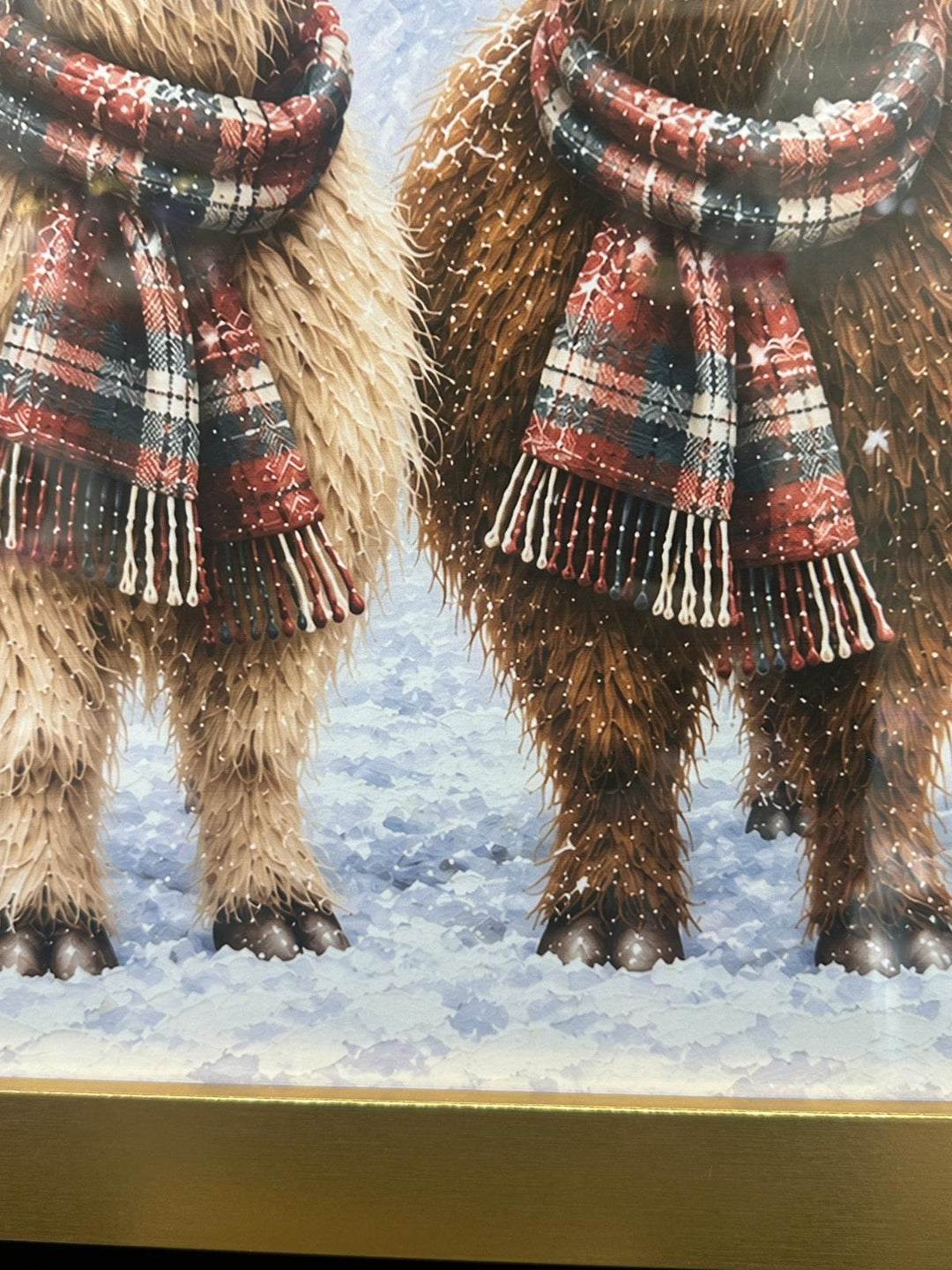 Two Highland Cows Tartan Scarf Christmas Picture – Gold Frame Highland Cow Wall Art