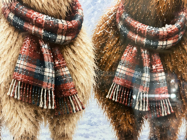 Two Highland Cows Tartan Scarf Christmas Picture – Gold Frame Highland Cow Wall Art