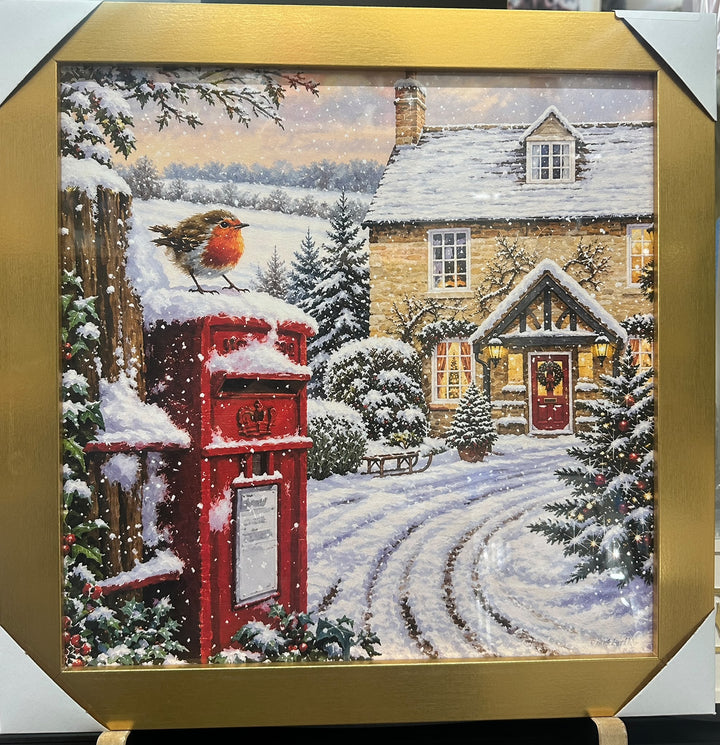 Robin Postbox Winter Scene Gold Frame Picture – Festive Christmas Wall