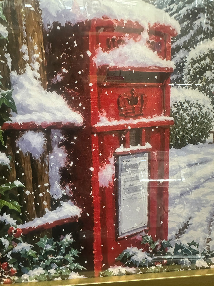 Robin Postbox Winter Scene Gold Frame Picture – Festive Christmas Wall
