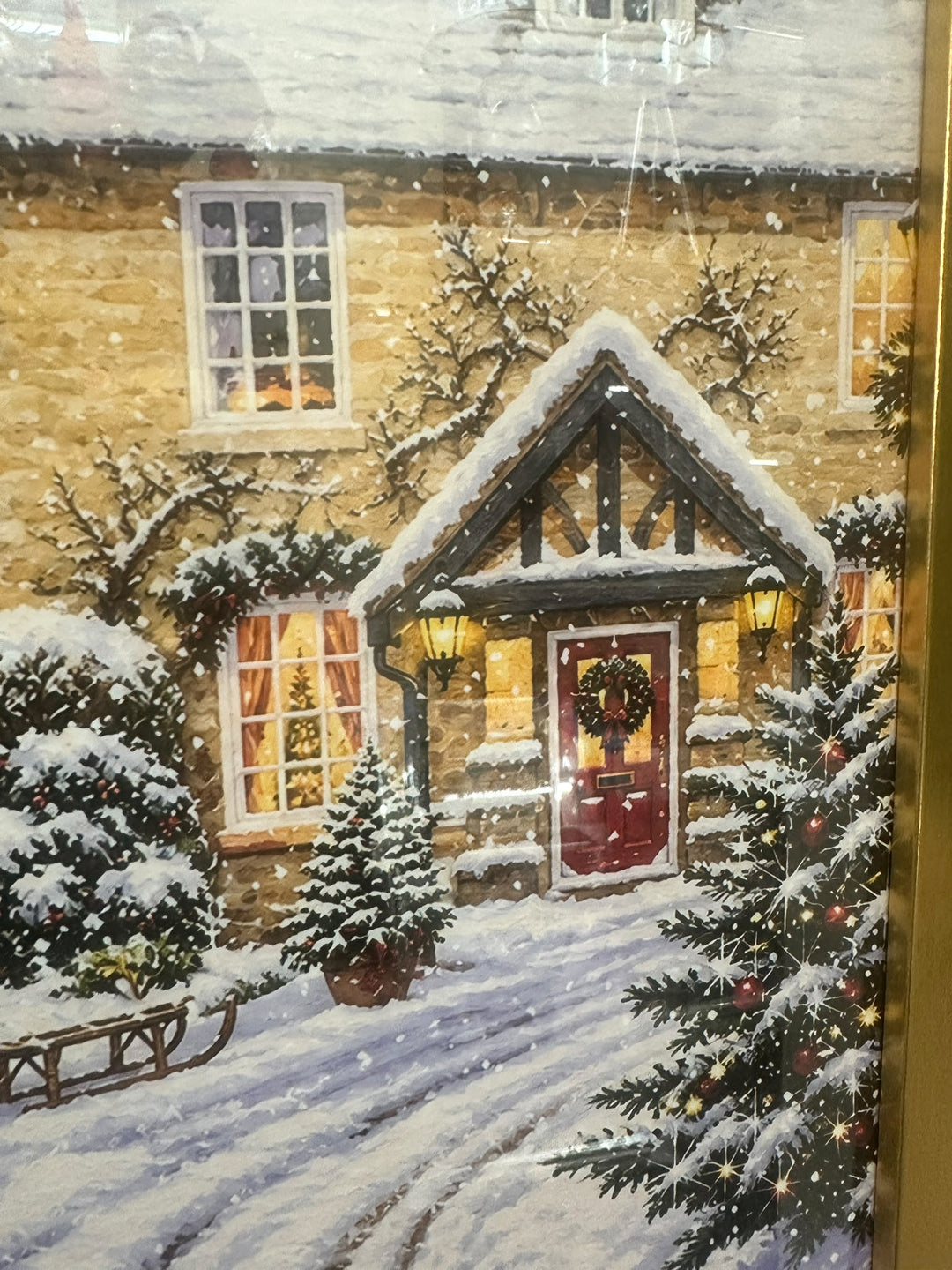 Robin Postbox Winter Scene Gold Frame Picture – Festive Christmas Wall
