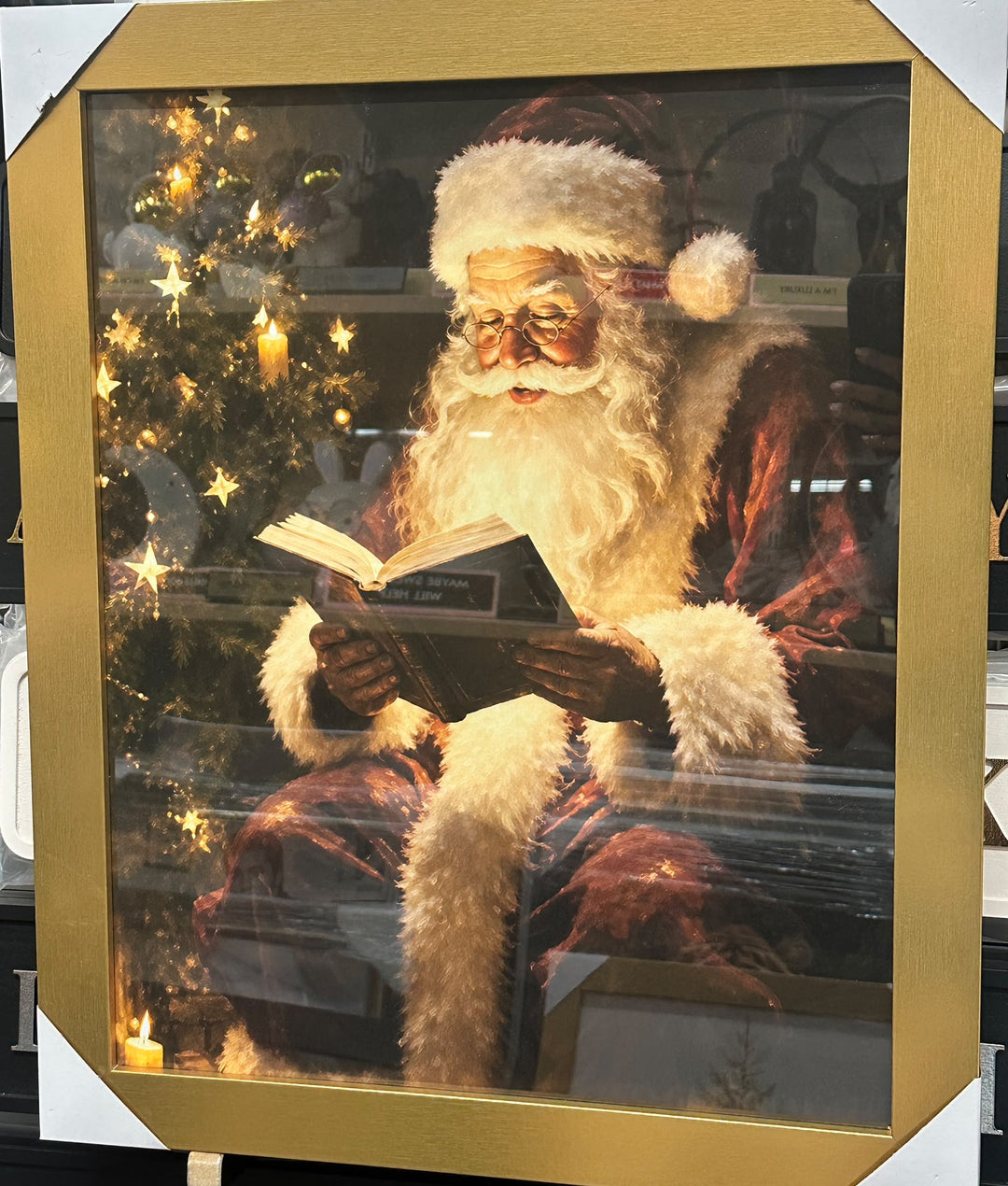 Santa Reading a Book Christmas Picture – Gold Frame Festive Wall