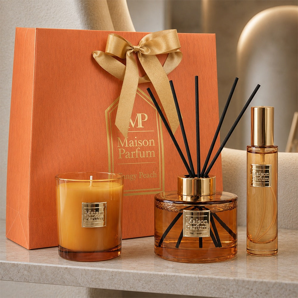 Tangy Peach Home Fragrance Gift Set – 150ml Diffuser, 150g Candle & 50ml Room Spray