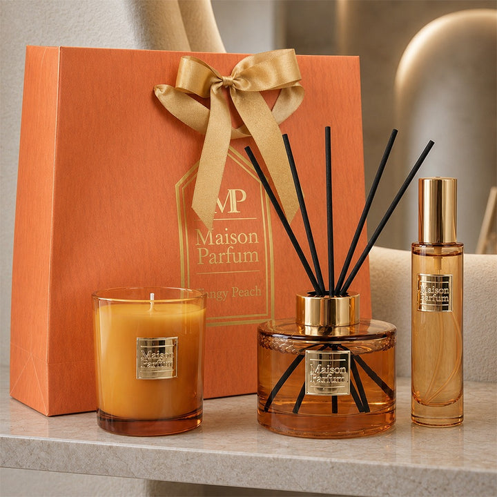 Tangy Peach Home Fragrance Gift Set – 150ml Diffuser, 150g Candle & 50ml Room Spray